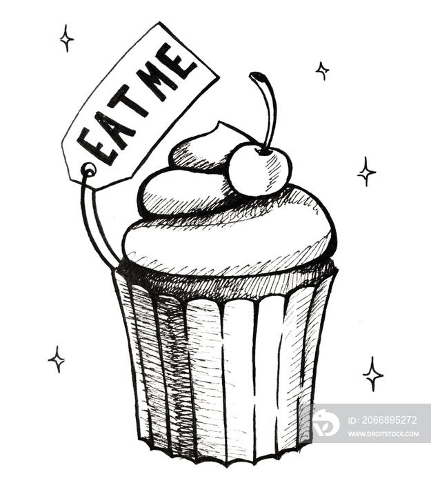 Hand drawn sketch of cup cake with sign eat me