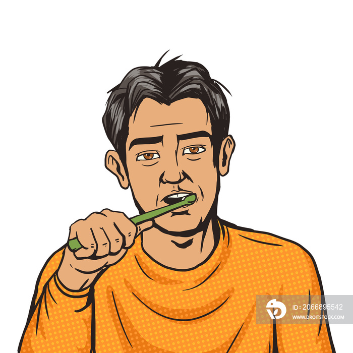 Man brushing his teeth morning pop art PNG illustration with transparent background