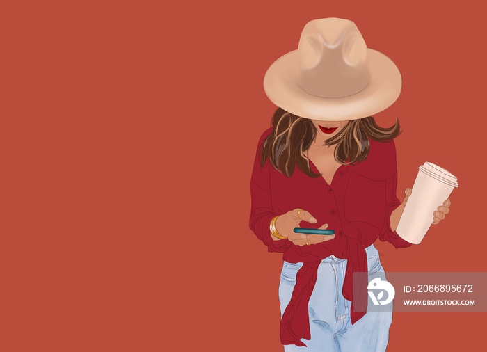 Illustration of a young stylish woman dressed in bright shirt and hat standing with mobile phone and coffee cup on the red wall background