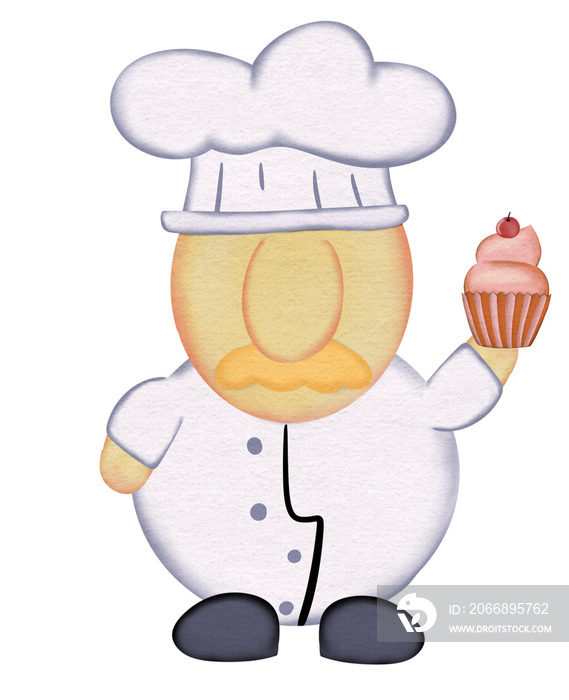 watercolor cartoon pastry chef with cupcake