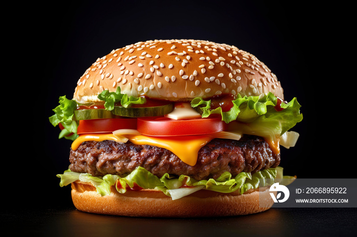 Cheeseburger with fresh lettuce, tomato, and a perfectly cooked patty.