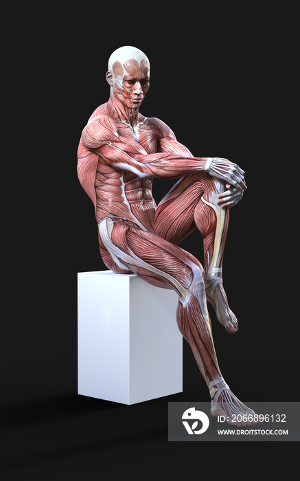 3D render of male figures pose with skin and muscle map on dark background with clipping path, Concept of between gods pose.