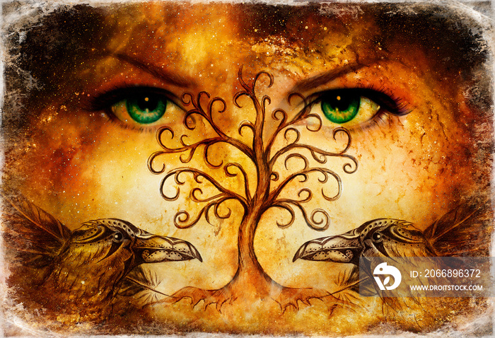 pair of ravens with tree of life symbol and green female goddess eyes on horizon.