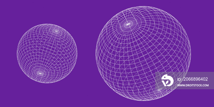 3D wireframe globe or sphere on purple background, visualization of geography or navigation concept with latitude and longitude coordinates