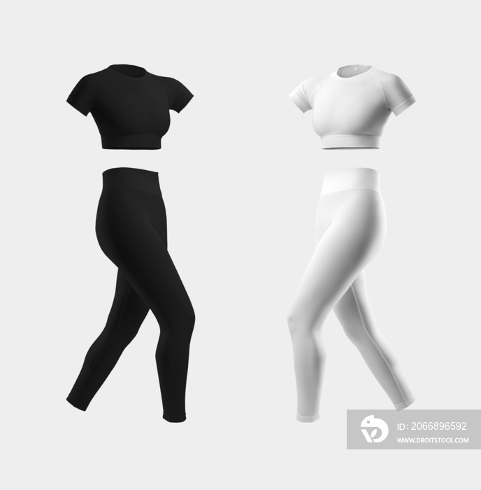 White, black seamless suit template, 3D rendering, leggings, short t-shirt, crop top, with place for design.