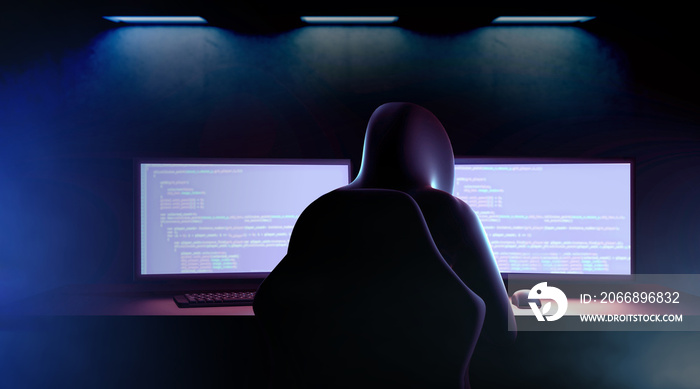 Dangerous hooded hacker with dark atmosphere and multiple displays. 3d render