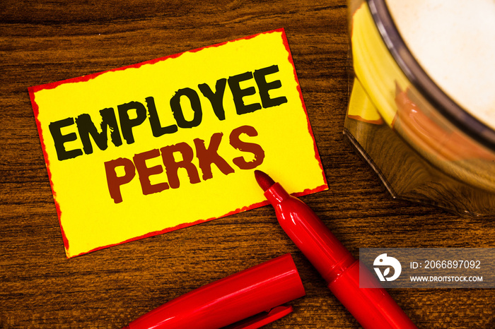 Writing note showing  Employee Perks. Business photo showcasing Worker Benefits Bonuses Compensation Rewards Health Insurance Words yellow paper note red border open marker cap coffee glass desk.