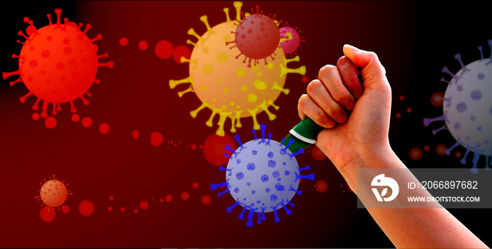 hand using knife to kill the virus with corona virus background.