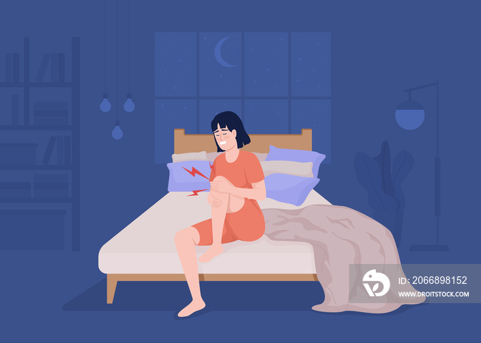 Nighttime knee pain flat color raster illustration. Leg swelling. Symptom of osteoarthritis. Throbbing ache. 2D simple cartoon character with cozy bedroom interior on background