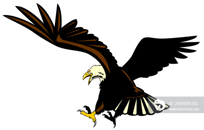 Illustration of a bald eagle flying set on isolated white background done in retro style.