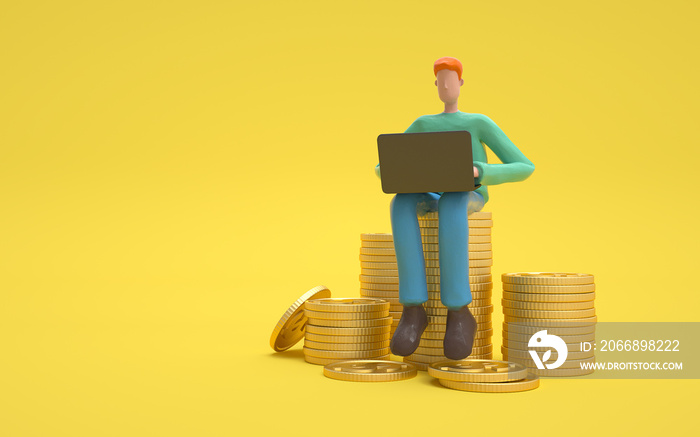 A man siting on a peil of coins. Earning, saving and investing money concept.  3d rendering,conceptual image.