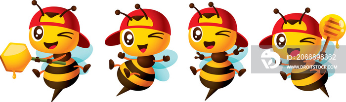 Cartoon cute red cap worker bee wink eyes collection set with different poses. Bee character holding honey dipper and honey comb signage, showing victory hand signs, open arms and legs mascot