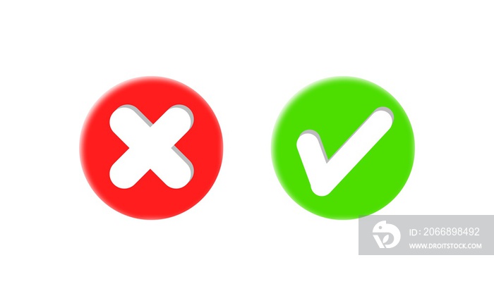 Realistic right and wrong 3D Button. A set of glossy round icons with a check mark, a sign of the cross. 3d minimalist style. Symbols of acceptance, rejection and attention. Right and wrong options.