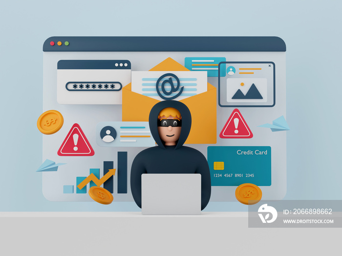 3d illustration of Data phishing concept, Hacker and Cyber criminals phishing stealing private personal data, password, email and credit card. Online scam, malware and password phishing.