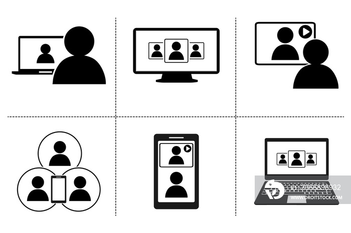 Work at home.A set of  icons for an Internet conference. Black illustration is isolated for graphic and web design.