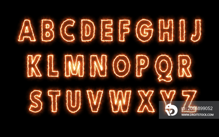 Capital letters Burning Outline with Solar Fire Effect . Orange Fiery Alphabets Set Isolated on Black Background