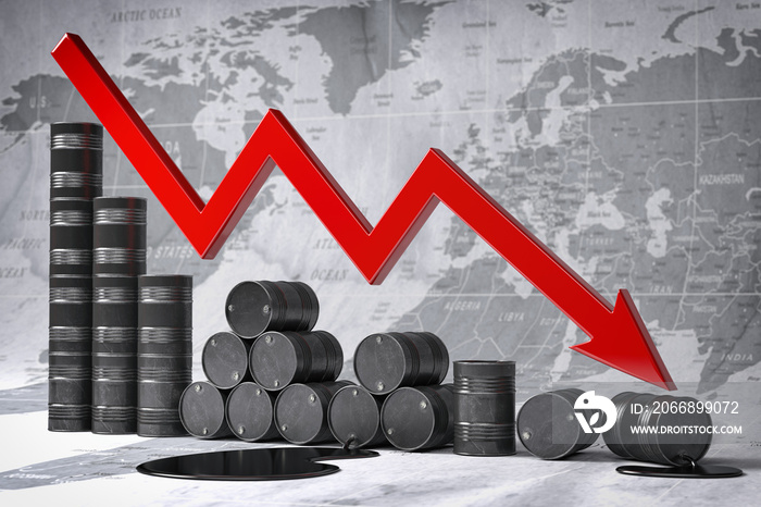 Crisis in oil and petroleum ndustry. Oil barrels and falling graph on world map background. Oil price or production decrease concept. 3d illustration