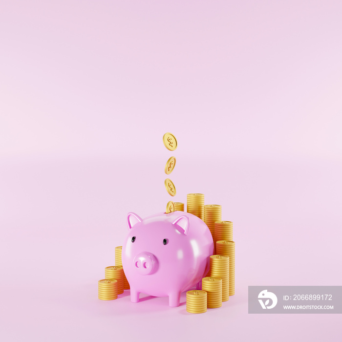 Save money and investment concept. Piggy bank and coins stack on pink background. 3d illustration