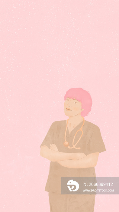 young female doctor with pink hair in beige uniform