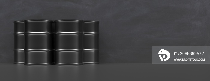 Fuel drums against black background, banner, copy space. 3d illustration