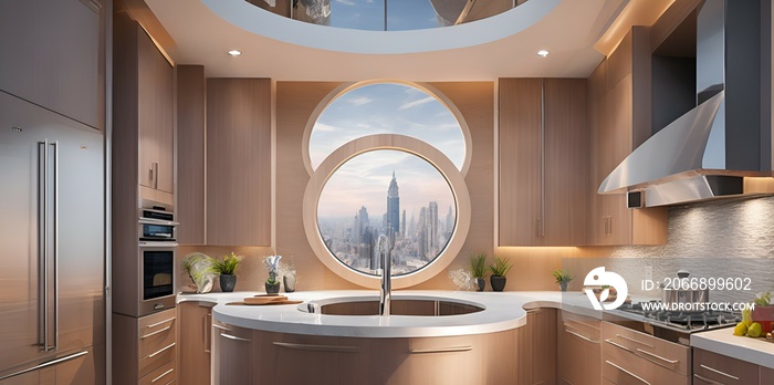 Photo of a modern kitchen with a unique circular window and a stainless steel sink