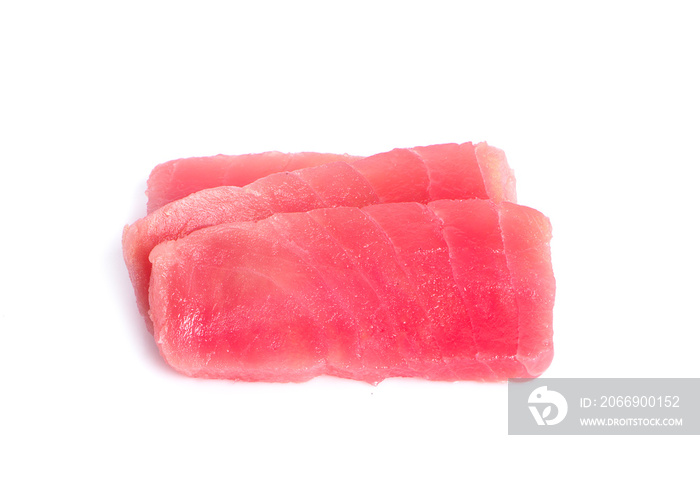 Slices of raw tuna fish meat on white background