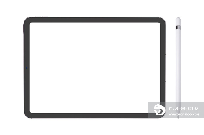 new model tablet blank screen and  white tablet stylus or pencil for touch screen isolated on white background