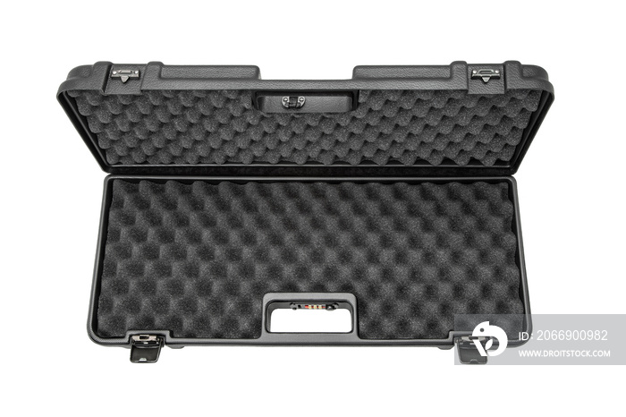 Open black plastic case with foam inside. Weapon case isolate on white background.