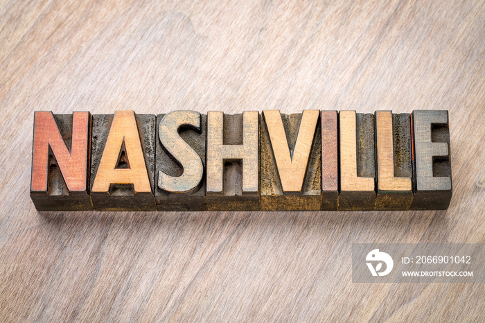 Nashville word abstract in letterpress wood type