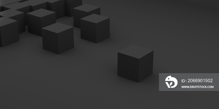 Abstract concept of black cubes on dark background, 3d rendering