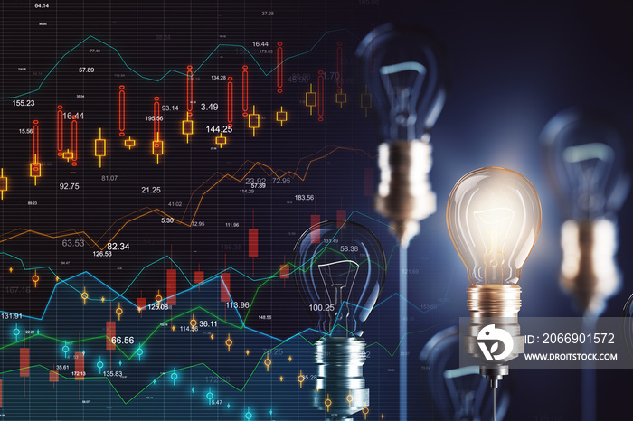 Creative blurry stock chart background with glass light bulb.