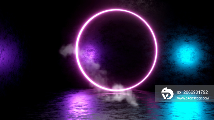 Modern Futuristic 3D Rendering Smoke Neon Circle Shaped Tube Gradient Purple Pink Blue Glow Light In Dark