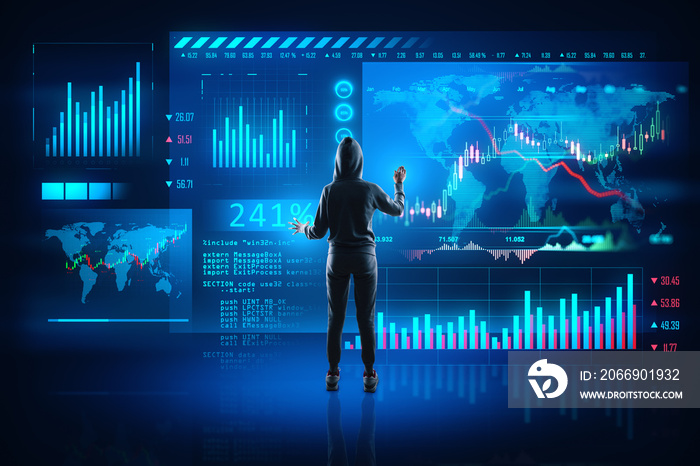 Back view of hacker in hoodie using glowing forex chart trading interface on blurry background. Market, hacking, malware, data theft, economy and data exchange concept.