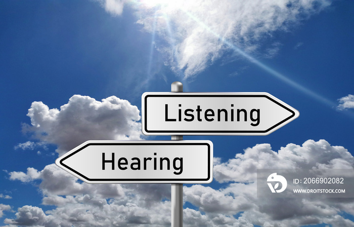 Road sign with two directions listening and hearing with blue sky background, road sign, opposite sign