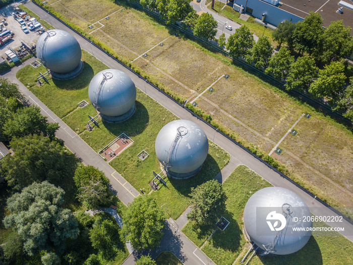 Aerial view of natural gas storage containers in Switzerland, Europe