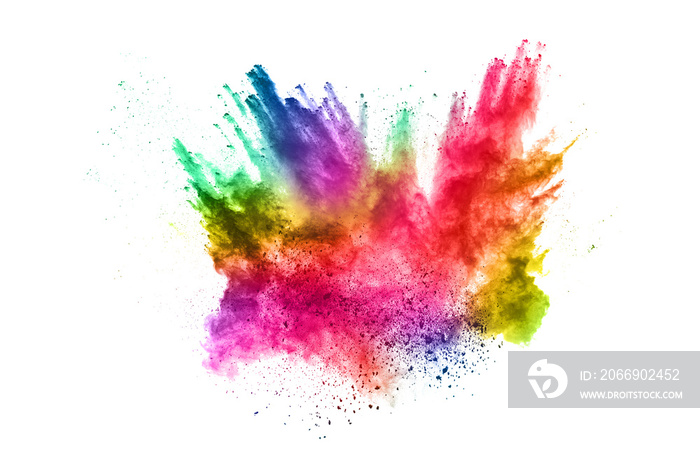 abstract powder splatted background. Colorful powder explosion on white background. Colored cloud. Colorful dust explode. Paint Holi.