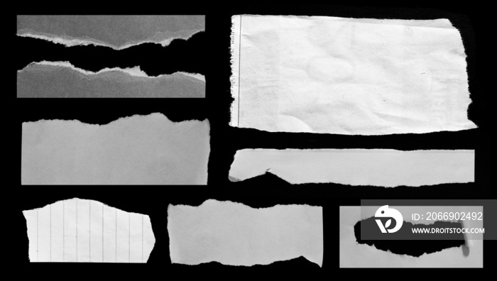 Collection of ripped paper isolated on black background with copy space for text