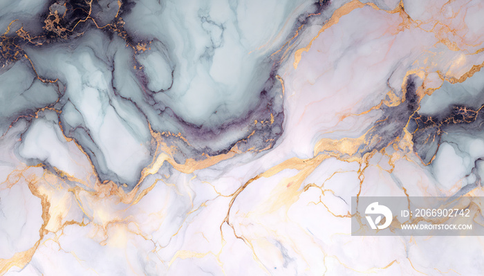 Abstract pink and blue marble liquid texture with gold splashes, luxury background