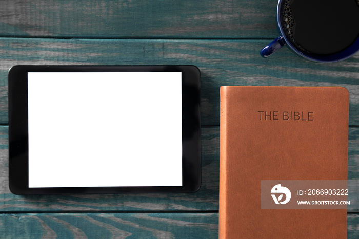 A Tablet with a Bible for LIve Streaming Church Services or Bible Study