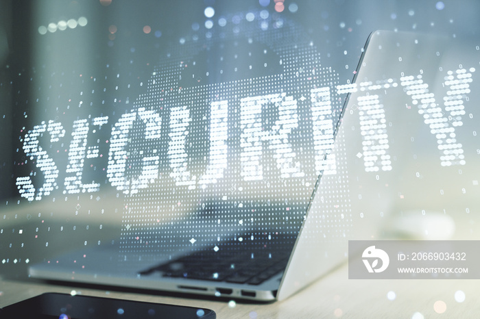 Cyber security creative concept on modern laptop background. Double exposure