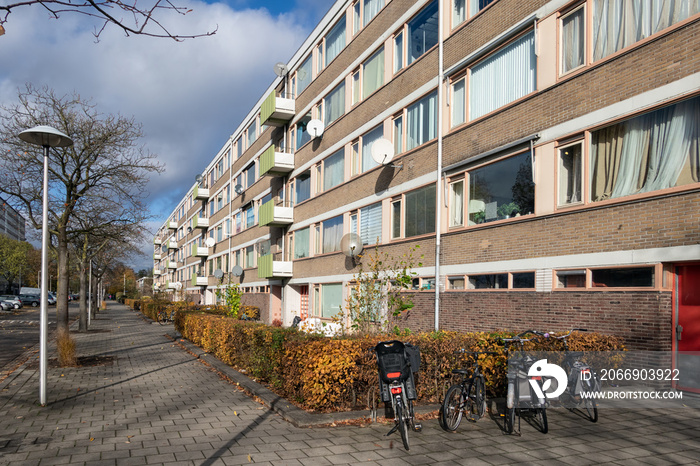 Apartments in residential district Dutch city Utrecht with parked bicycles