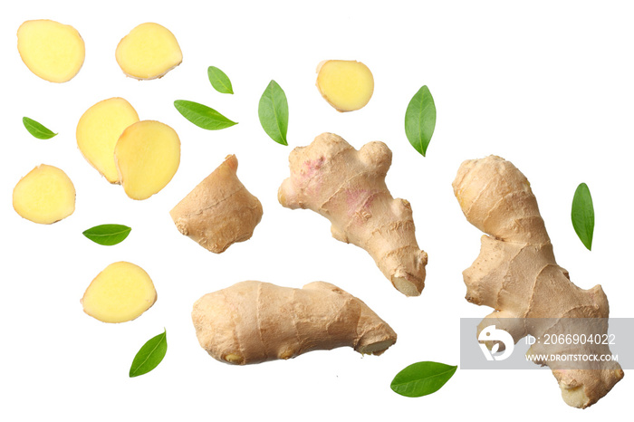 sliced ginger with leaves isolated on white background top view