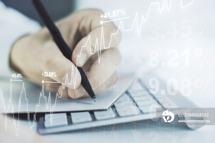 Abstract creative financial graph with hand writing in diary on background, financial and trading concept. Multiexposure