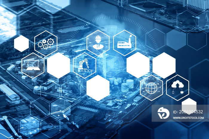 Industry 4.0 technology concept - Smart factory for fourth industrial revolution with icon graphic showing automation system by using robots and automated machinery controlled via internet network .