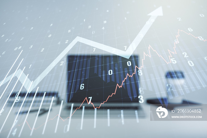 Abstract creative financial graph with upward arrow on modern computer background, financial and trading concept. Multiexposure