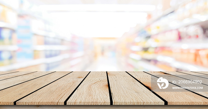 blur local supermarket convenience store background with beige wood perspective tabletop to showing product or ads banner and promote  marketing on display concept