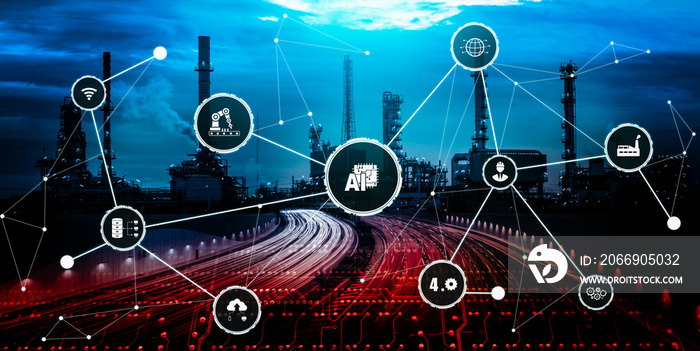 Industry 4.0 technology concept - Smart factory for fourth industrial revolution with icon graphic showing automation system by using robots and automated machinery controlled via internet network .