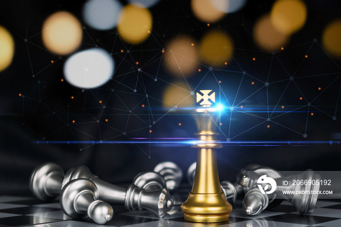 Business Strategy. golden king surrounded with silver chess pieces on chess board game competition with graphic network link on bokeh light dark background, chess battle, success, team leader concept