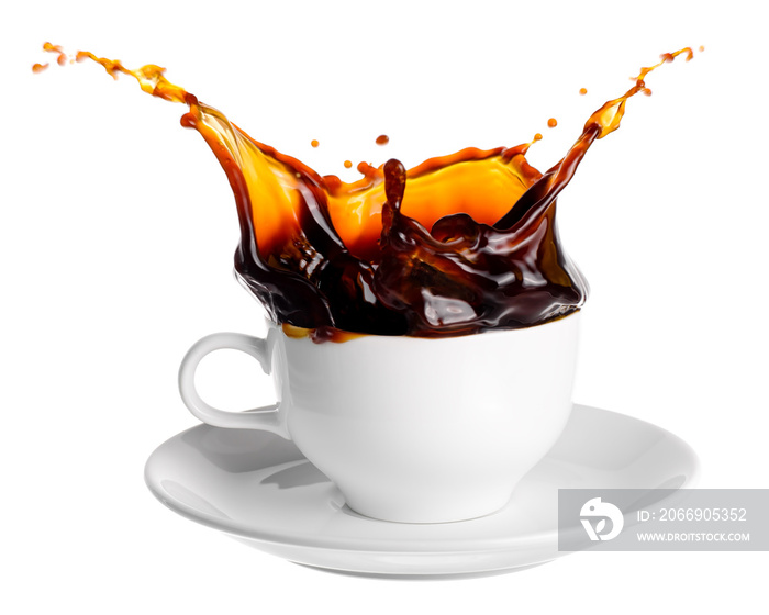 Black coffee splash out of a cup isolated on white background.