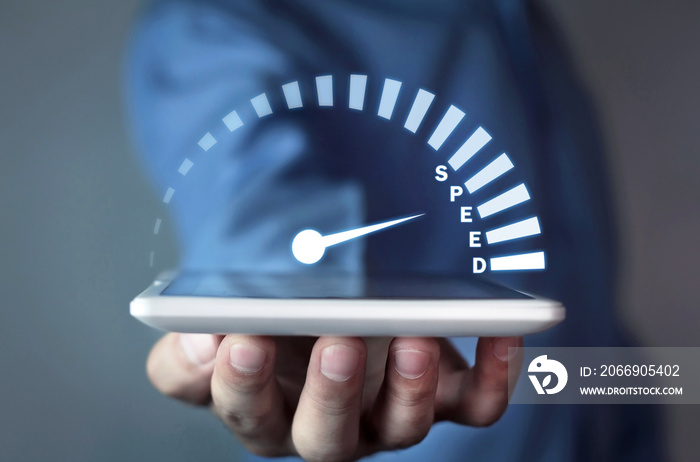 Man holding tablet with speedometer. Speed concept